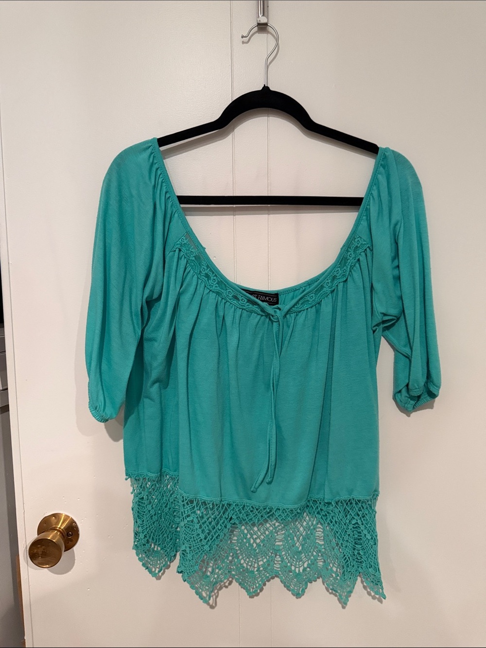 Almost Famous Turquoise Peasant Top with Crochet Hem